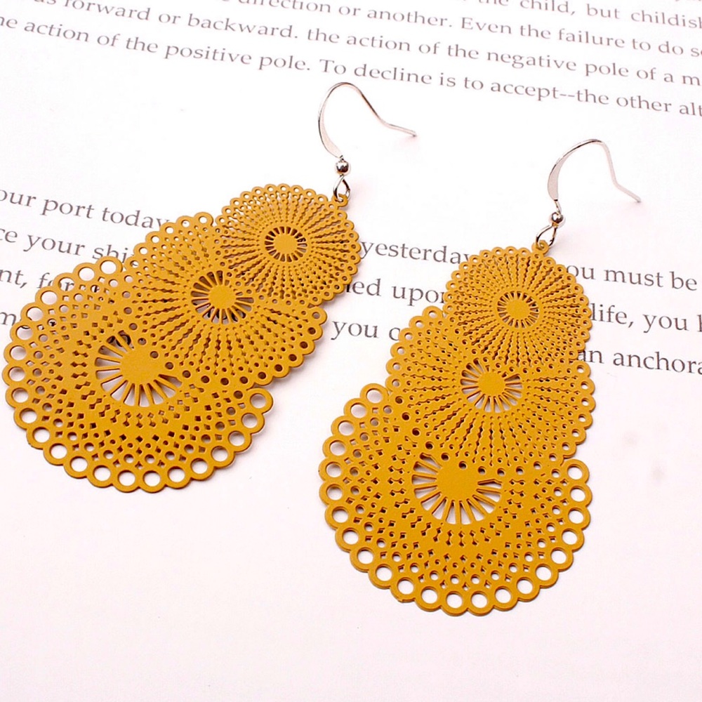 NEW Beige Boho Stamped Metal Filigree Dangle Earrings